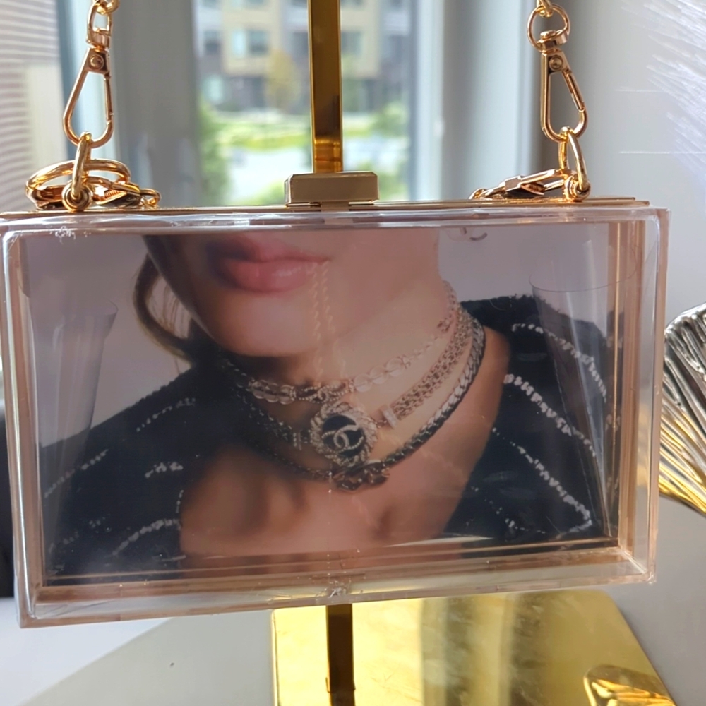 Upcycled Print Media Campaign Denim Novelty  Clutch with Gold Chain